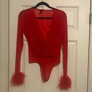 Fashion Nova Vibrant Red Feather Cuff Bodysuit